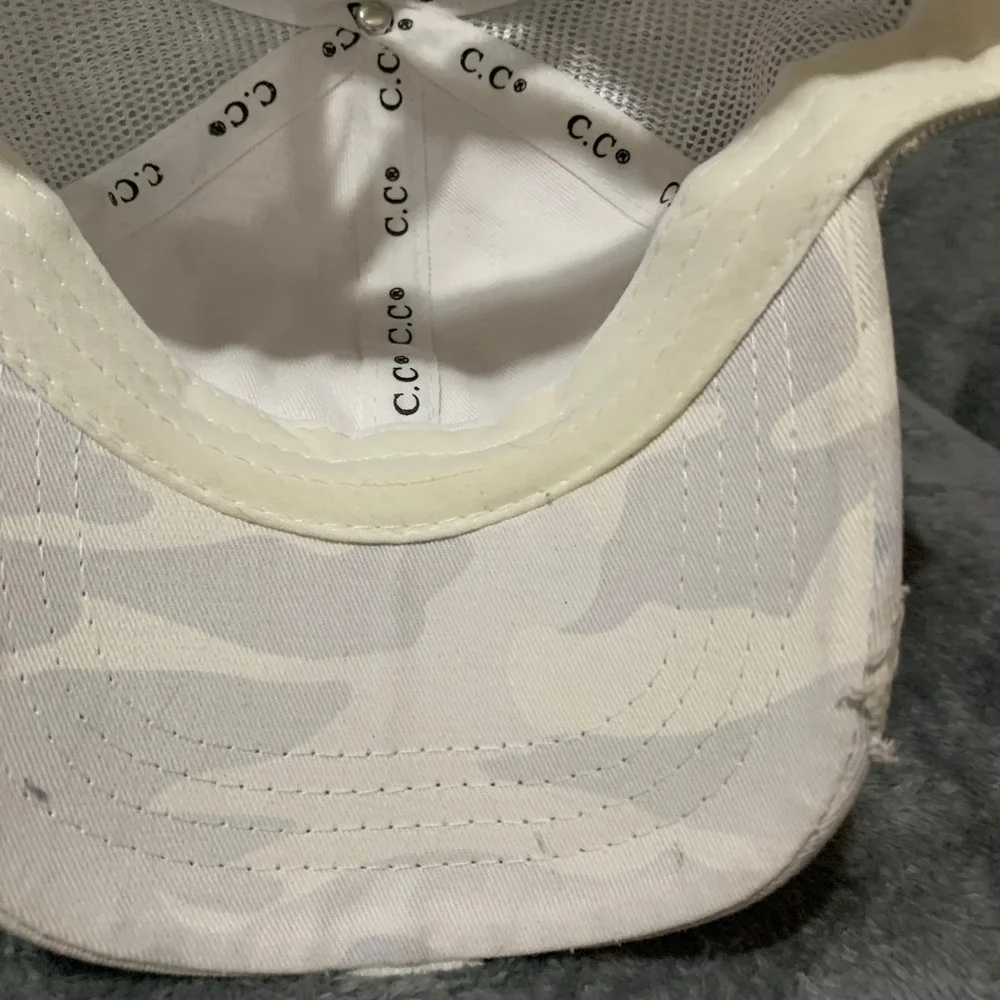 CC Girls Ponytail Trucker Hat Camo Grey White Distressed Mesh Back Messy Bun Cap
